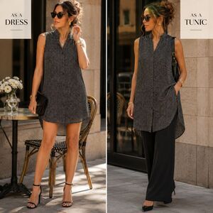 Eileen Fisher 100% Silk Sleeveless Full Button-Down Shirt Dress Tunic S